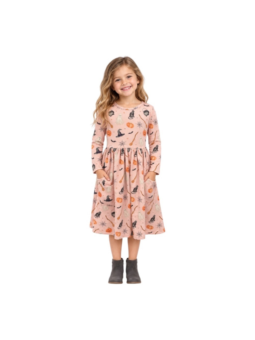 Mae & Rose Girls 5/6 Pink Halloween Ghost Pumpkin Cat Pocket Dress